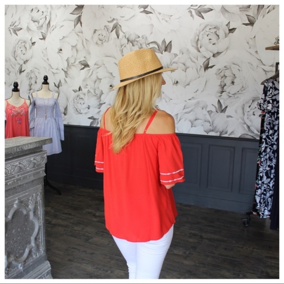 Coral Red Aztec Embroidered Cold Shoulder Tunic - Picture 2 of 2